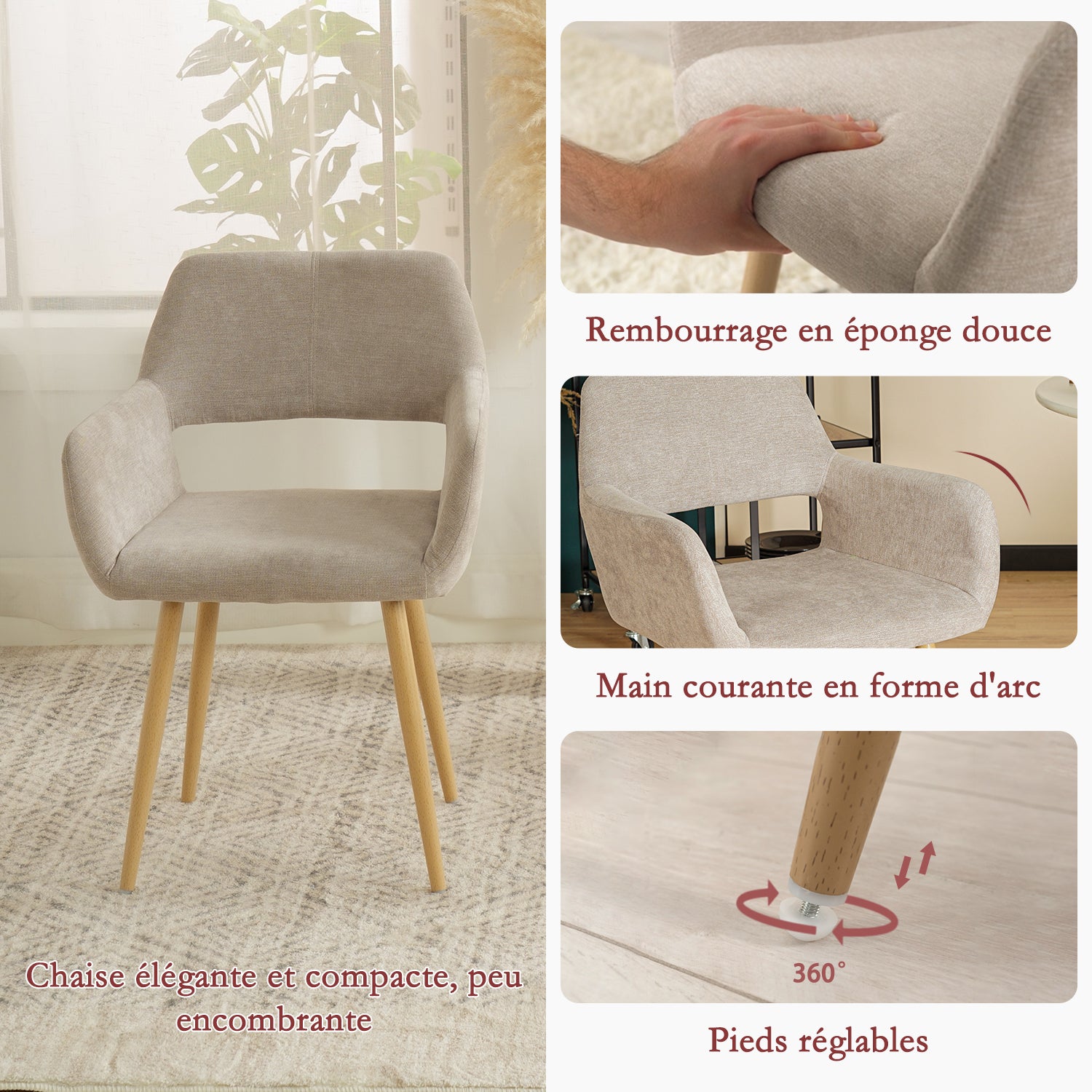Lot de 2 fauteuils de salle à manger scandinaves avec accoudoirs en tissu beige - CROMWELL