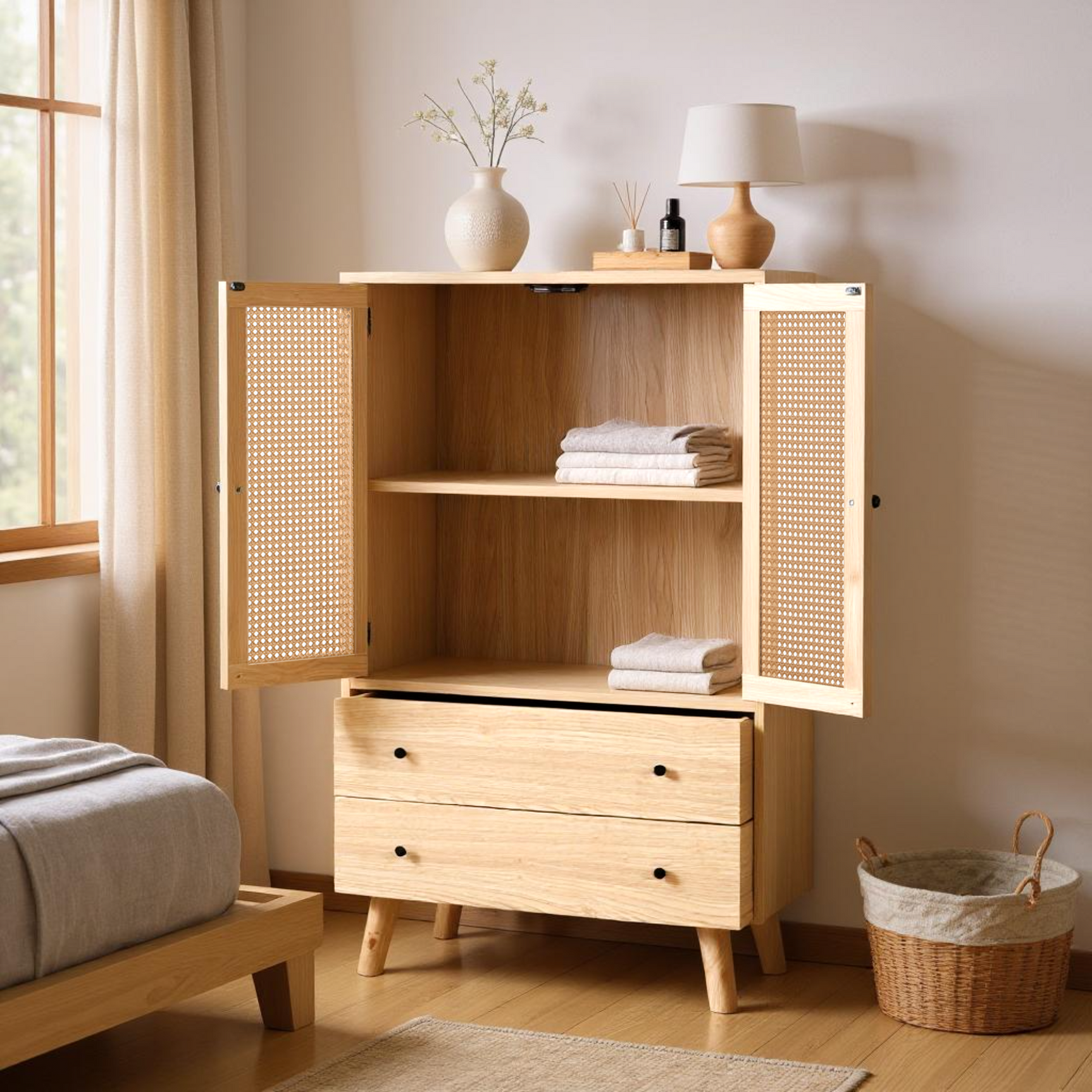 Wooden top buffet modern style with rattan doors and drawers - 60 x 40 x 120 cm