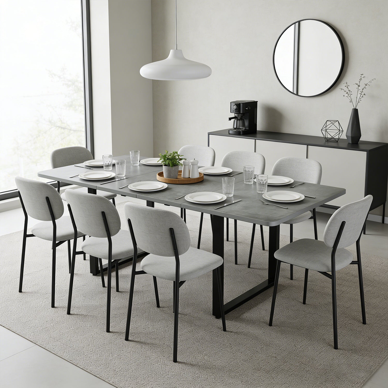 Table à manger gris extensible à trois rallonges avec pieds métalliques