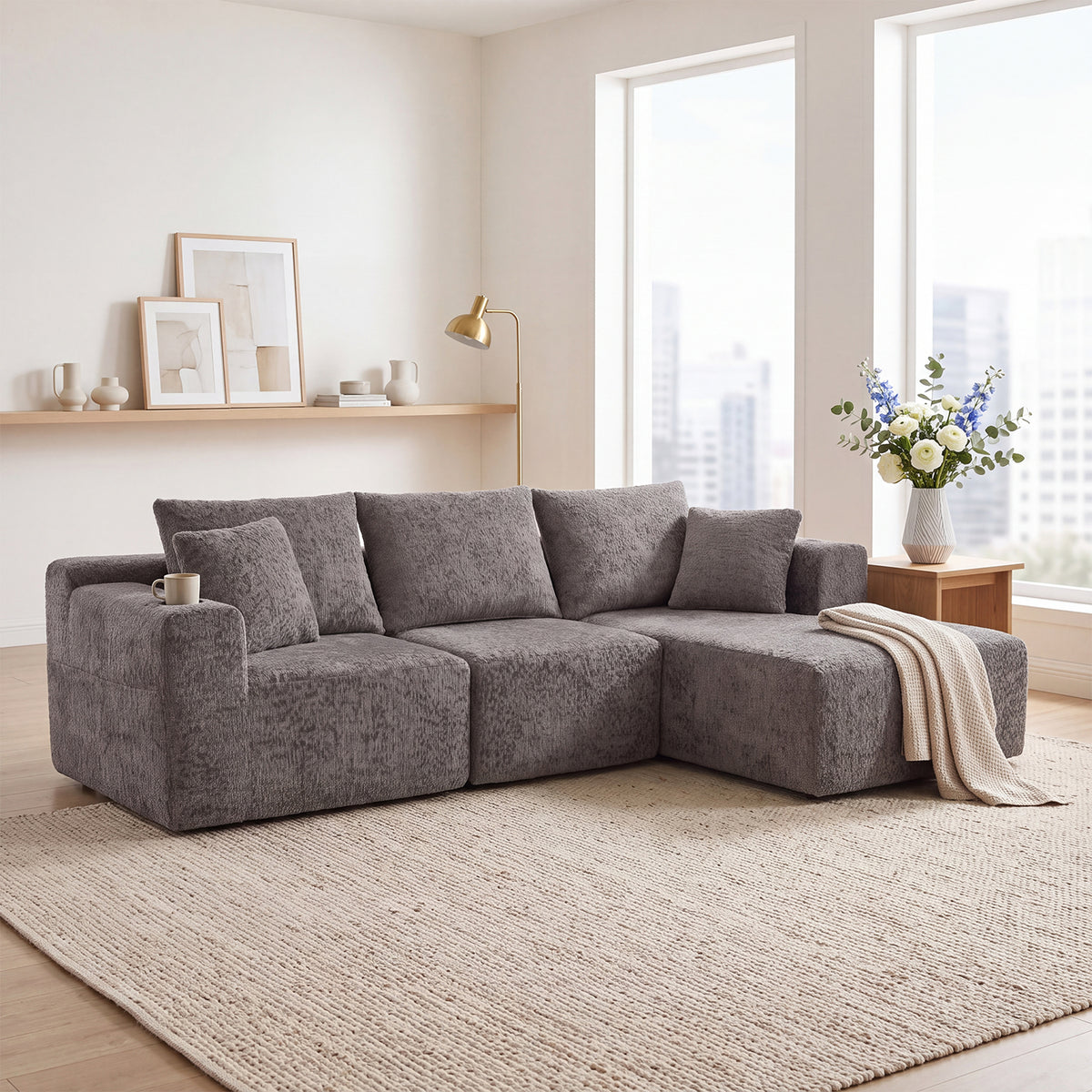 2-Sitzer-Schlafsofa aus dunkelgrauem Stoff mit Seitentaschen, modernes Schlafsofa