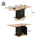 Table à manger télescopique extensible naturel-noir avec 3 niveaux de rangement