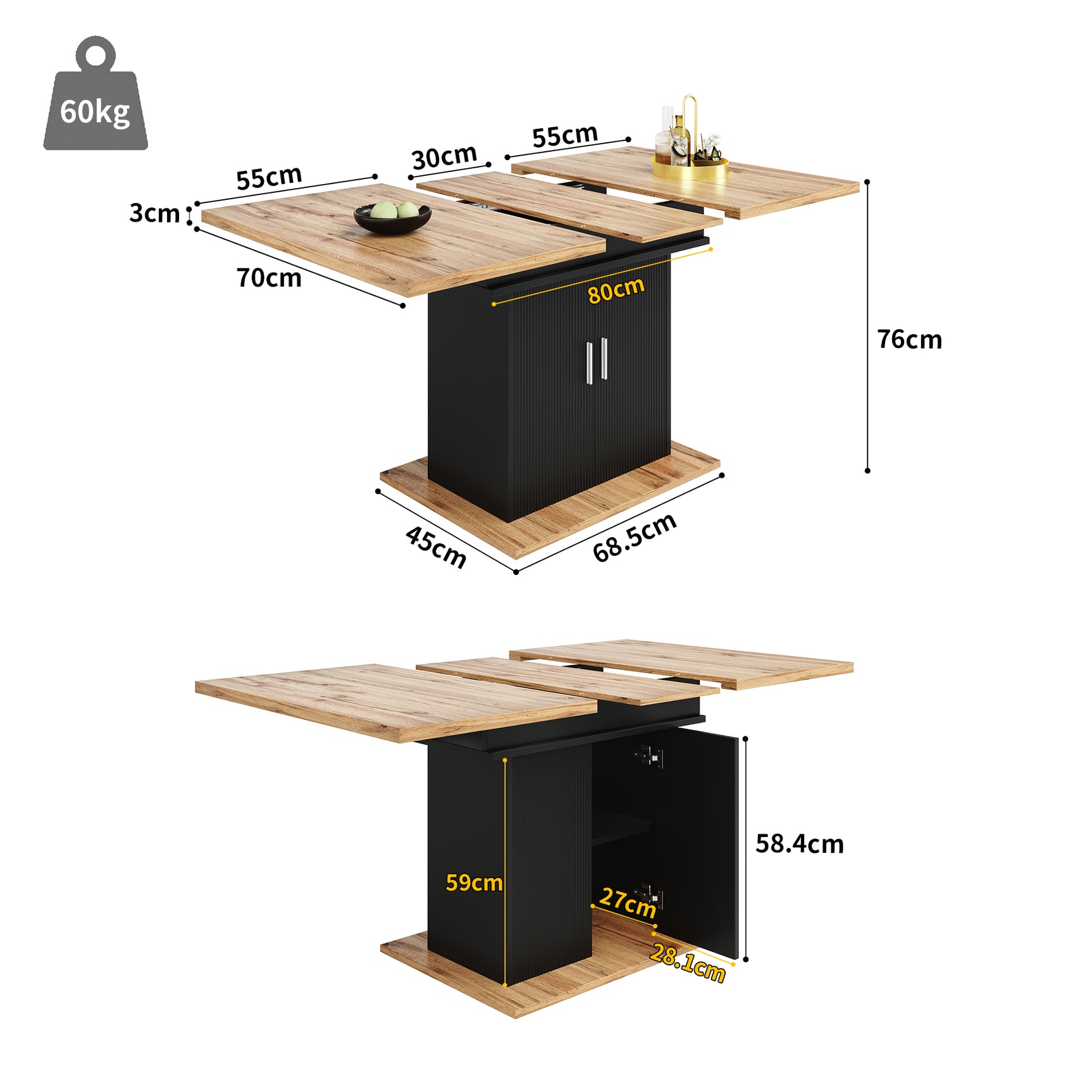 Table à manger télescopique extensible naturel-noir avec 3 niveaux de rangement