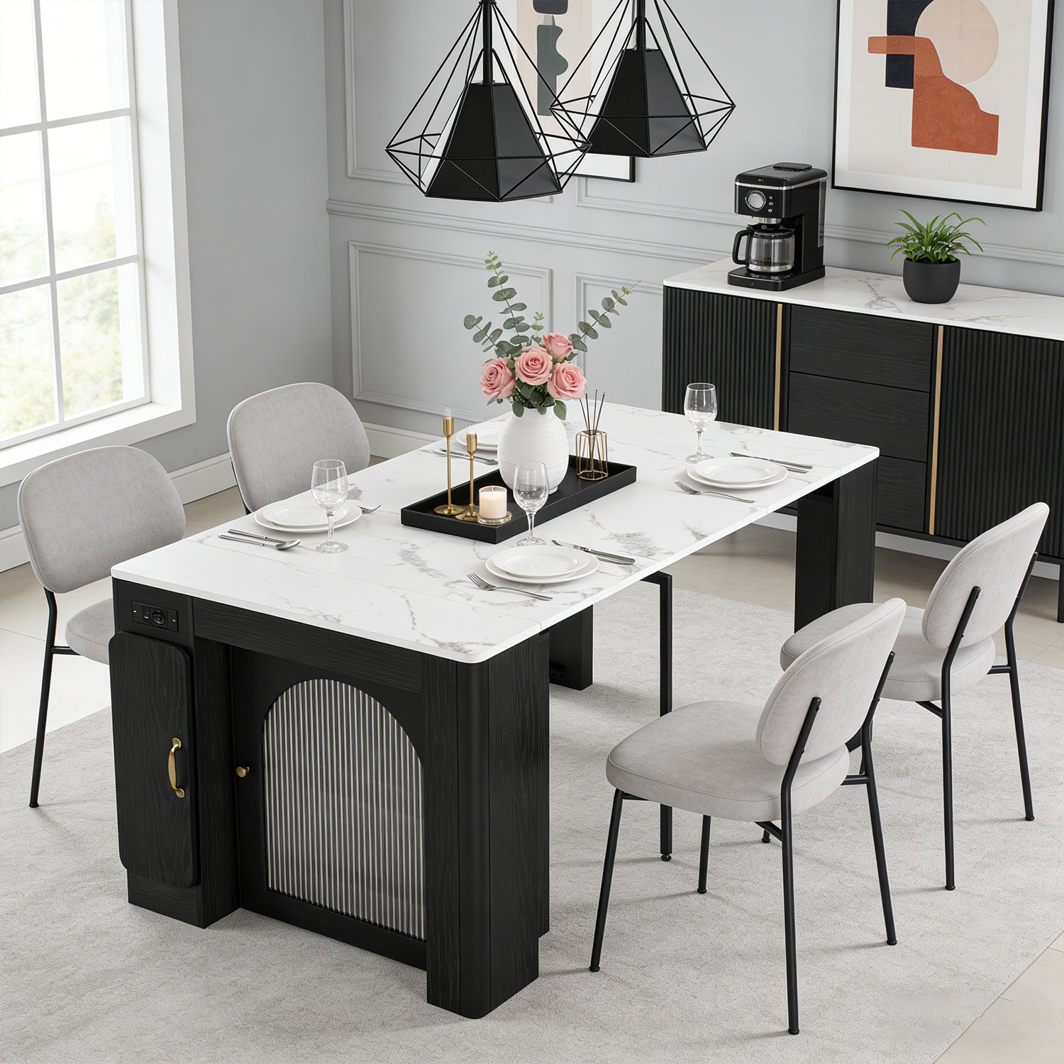 Îlot de cuisine mobile noir et blanc avec plateau extensible et prise électrique intégrée