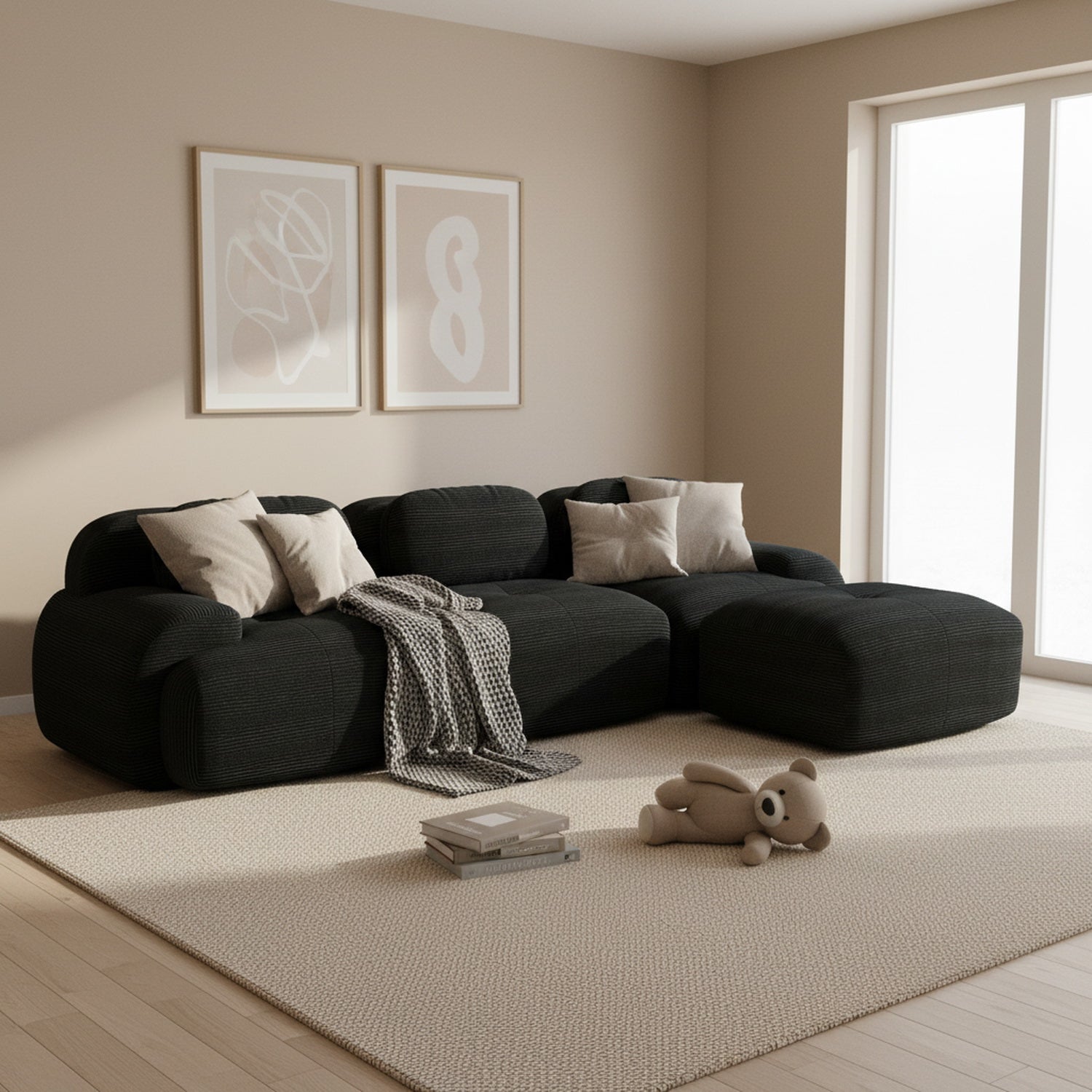 Ensemble de canapés avec accoudoirs incurvés et base antidérapante en tissu velours côtelé doux pour le salon, noir, siège 3 + tabouret 1