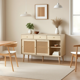 Buffet rétro en bois chêne avec 3 tiroirs, 3 portes coulissantes en rotin et étagères réglables â€?120x40x78 cm