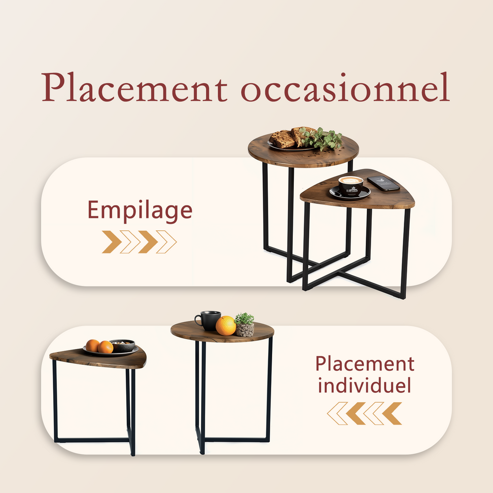 Lot de 2 tables basses gigognes style vintage et industriel en métal noir et bois imitation bois - LAYA VINTAGE