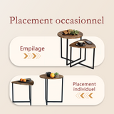 Lot de 2 tables basses gigognes style vintage et industriel en métal noir et bois imitation bois - LAYA VINTAGE