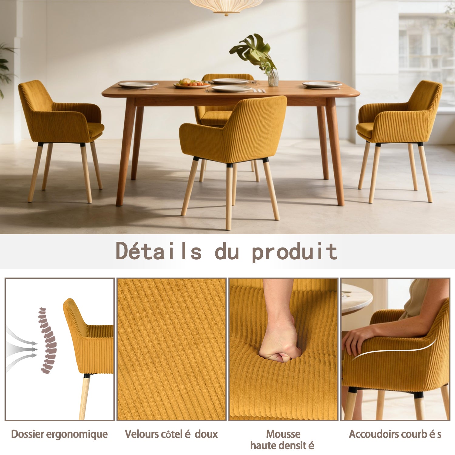Lot de 4 chaises de salle à manger de style scandinave avec pieds en bois et accoudoirs en velours côtelé jaune - ELIA