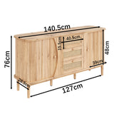 Holzbuffet mit Schiebetüren, 3 verstellbare Schubladen und Regale, abgerundete Tablett