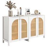 Buffet moderne blanc en MDF avec 4 portes en rotin PE et poignées en métal