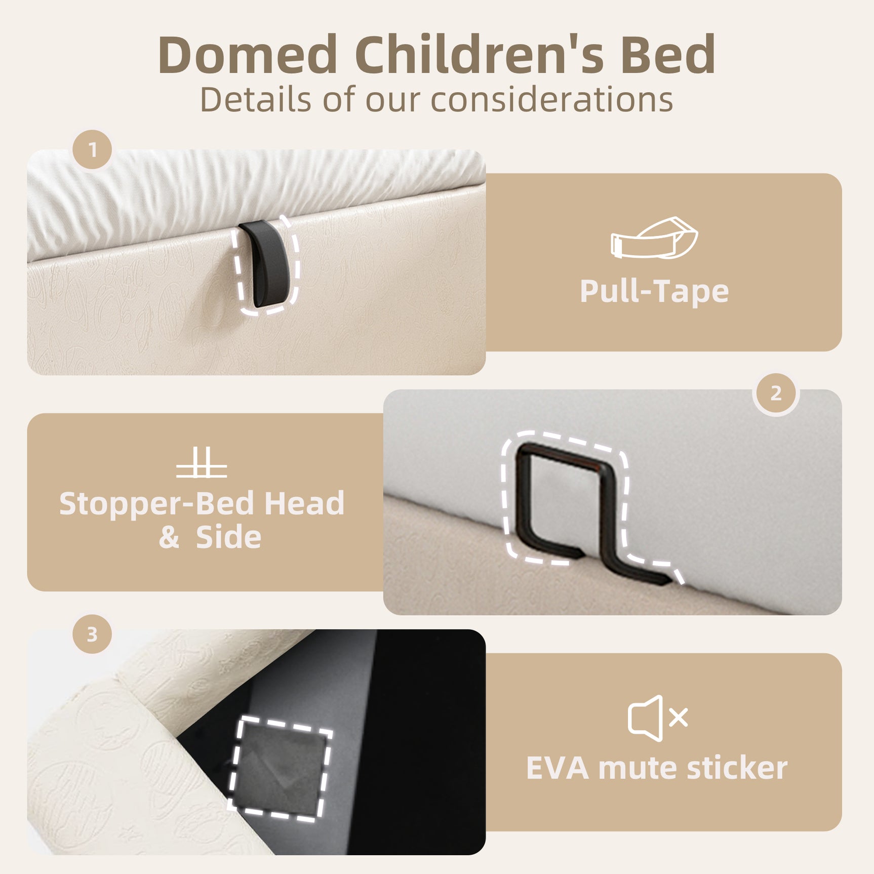Children's bed 90 × 200 cm padded (without mattresses) in bed beige with arched headboard
