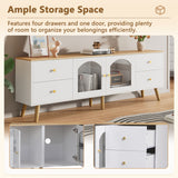 TV cabinet with 4 drawers and 2 glass doors in tempered glass, modern white design and natural wood