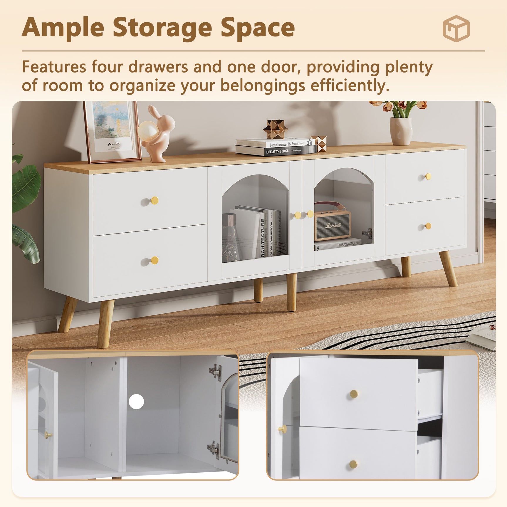 TV cabinet with 4 drawers and 2 glass doors in tempered glass, modern white design and natural wood