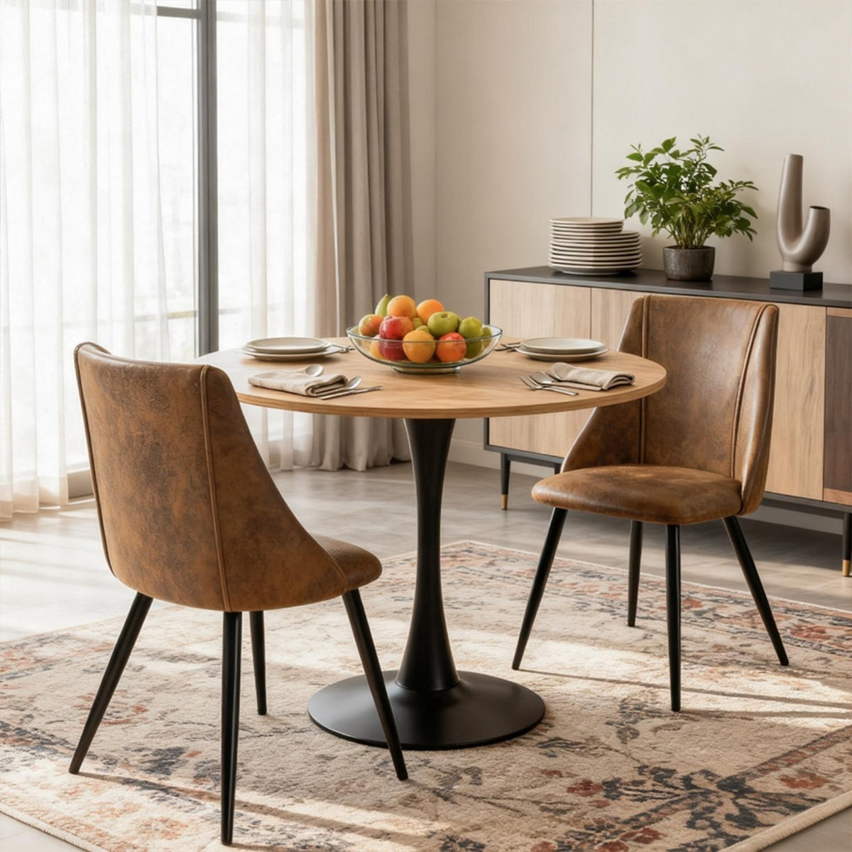 Round Table Table Table Table Timber Ø80 cm with 4 black velvet chairs, modern and comfortable style