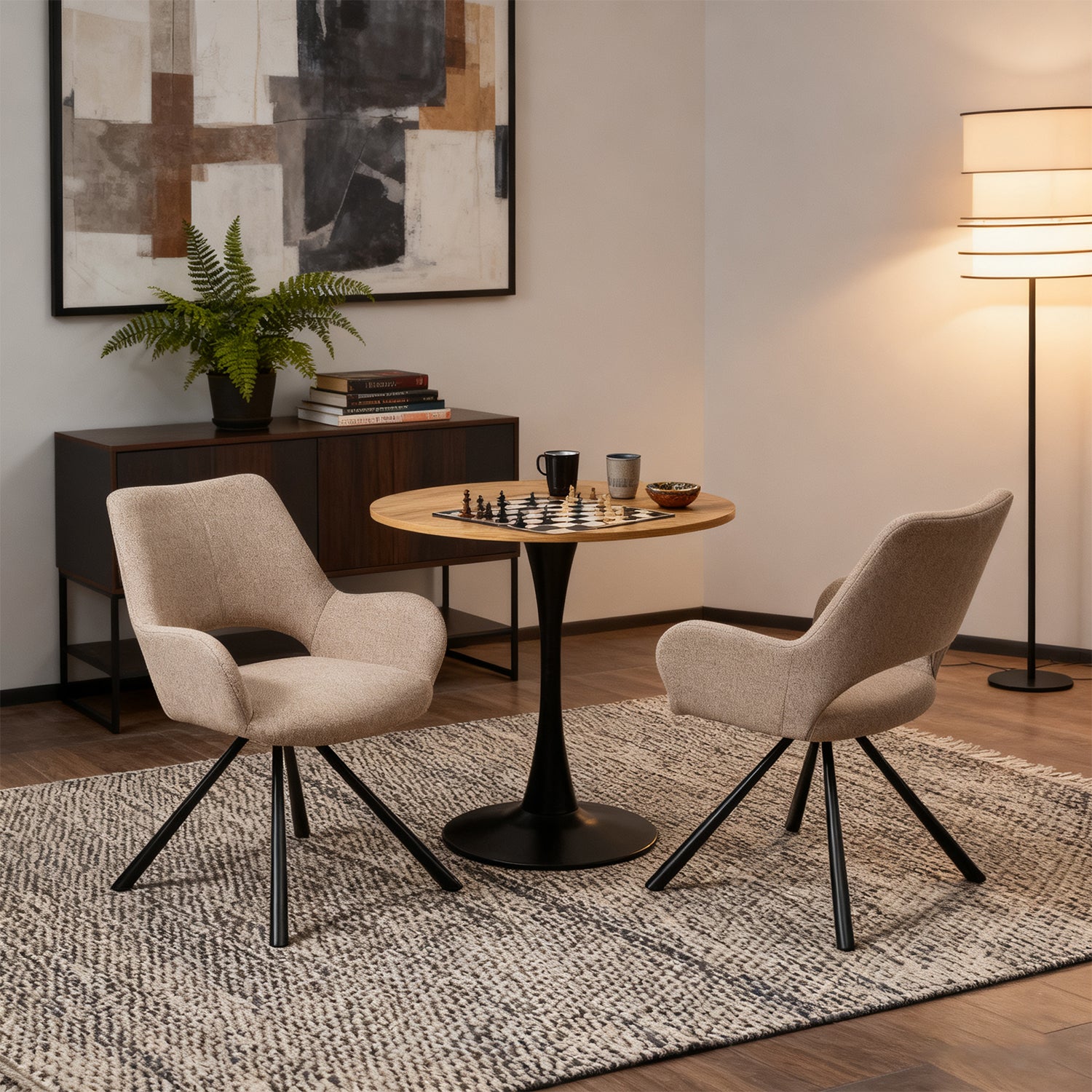 Ensemble de salle à manger de style scandinave comprenant une table ronde en chêne et 2 fauteuils beige
