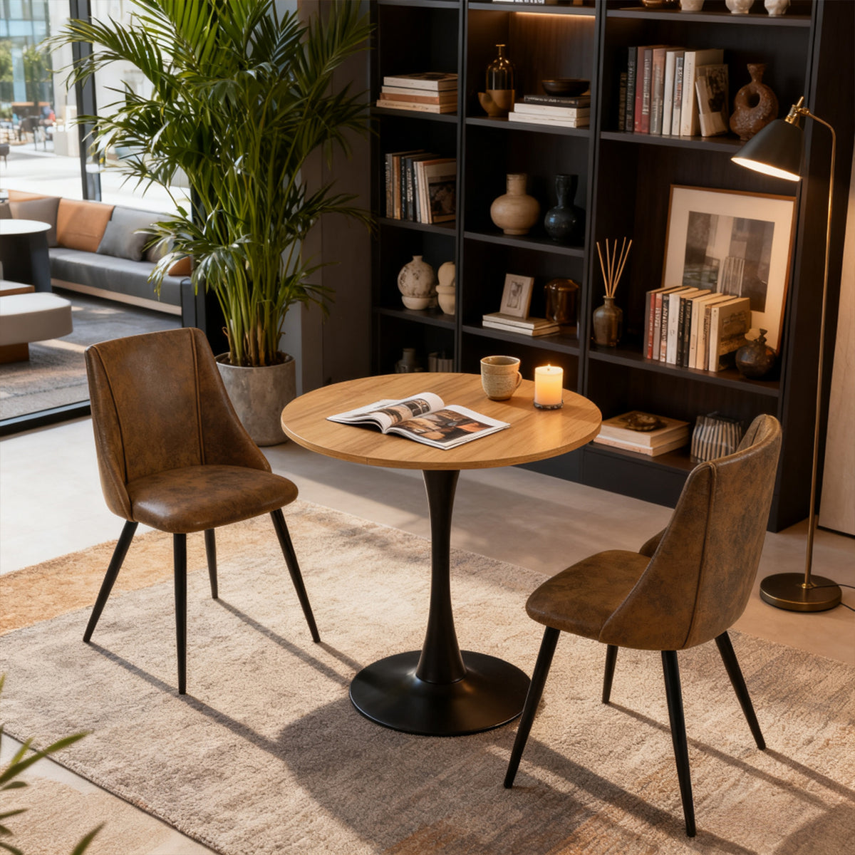 Round Table Table Table Table Timber Ø80 cm with 4 black velvet chairs, modern and comfortable style