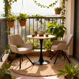 Ensemble de salle à manger de style scandinave comprenant une table ronde en chêne et 2 fauteuils beige