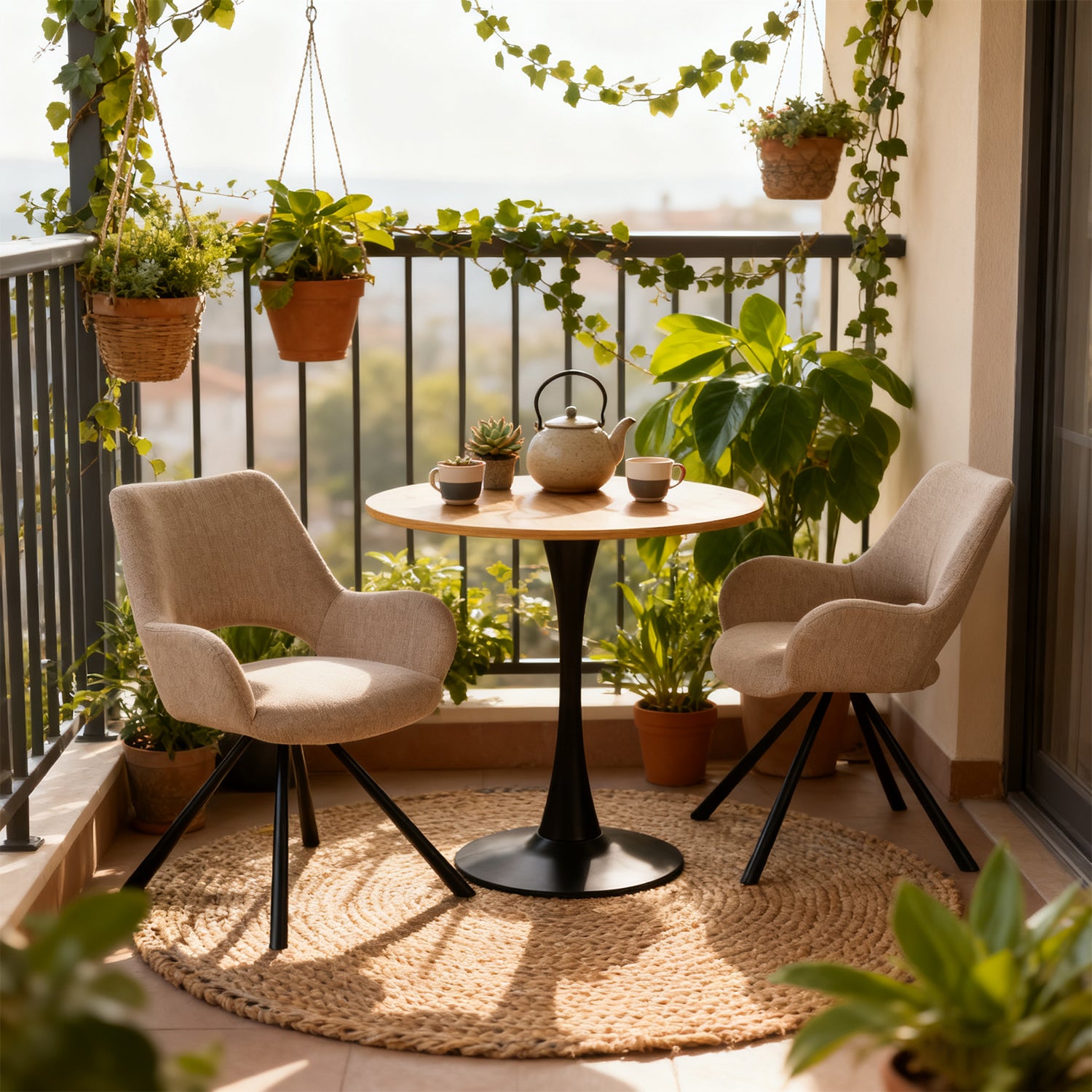 Ensemble de salle à manger de style scandinave comprenant une table ronde en chêne et 2 fauteuils beige