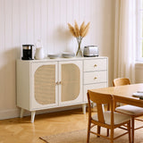 Salon and dining room buffet in broken white with rattan doors and 3 drawers, modern storage unit 120 cm wide