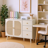 Salon and dining room buffet in broken white with rattan doors and 3 drawers, modern storage unit 120 cm wide