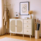 Salon and dining room buffet in broken white with rattan doors and 3 drawers, modern storage unit 120 cm wide