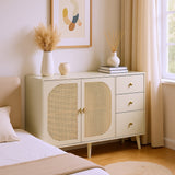 Salon and dining room buffet in broken white with rattan doors and 3 drawers, modern storage unit 120 cm wide