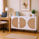 Buffet blanc moderne avec 3 portes en rotin et pieds en métal