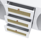 Buffet blanc moderne avec 3 tiroirs en rotin et portes coulissantes