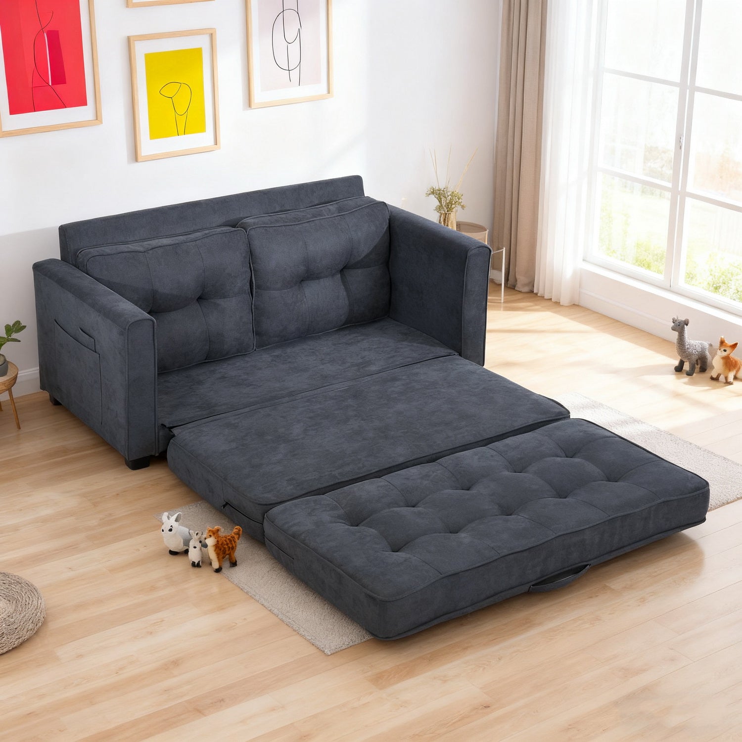 2-Sitzer-Schlafsofa aus dunkelgrauem Stoff mit Seitentaschen, modernes Schlafsofa