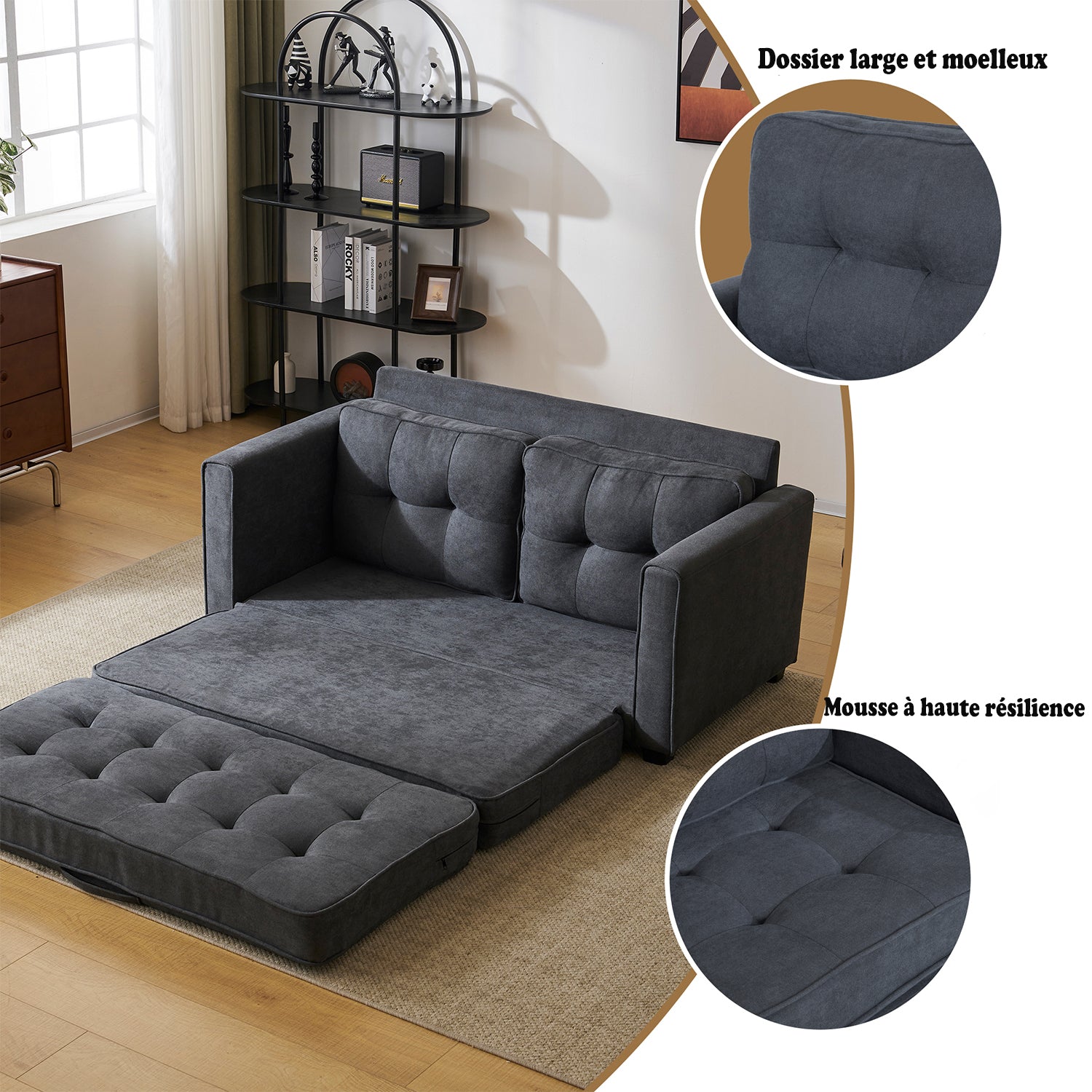 2-Sitzer-Schlafsofa aus dunkelgrauem Stoff mit Seitentaschen, modernes Schlafsofa