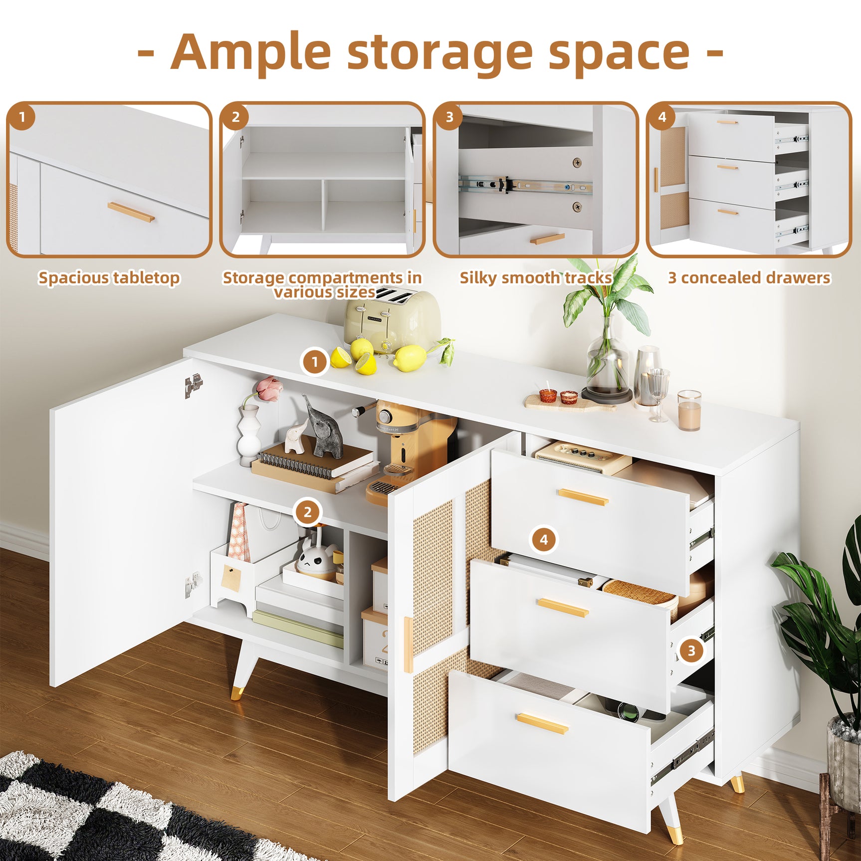 Decorative white rattan buffet with 2 rattan doors and 3 drawers, elegant multifunction storage unit with golden details, 160x40x87 cm