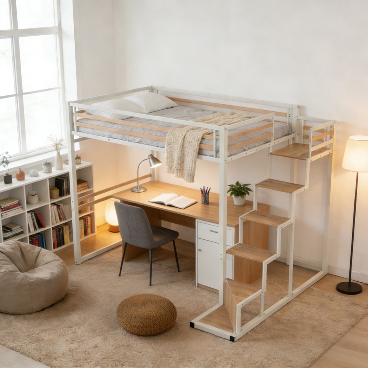 2 -seater mezzanine bed (140x200) with slatted box spring with industrial white and wood style (mattress not included) - up