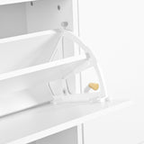 White shoe cabinet 119x24x122 cm with 3 tilting drawers, storage drawer, adjustable shelves and folding bench