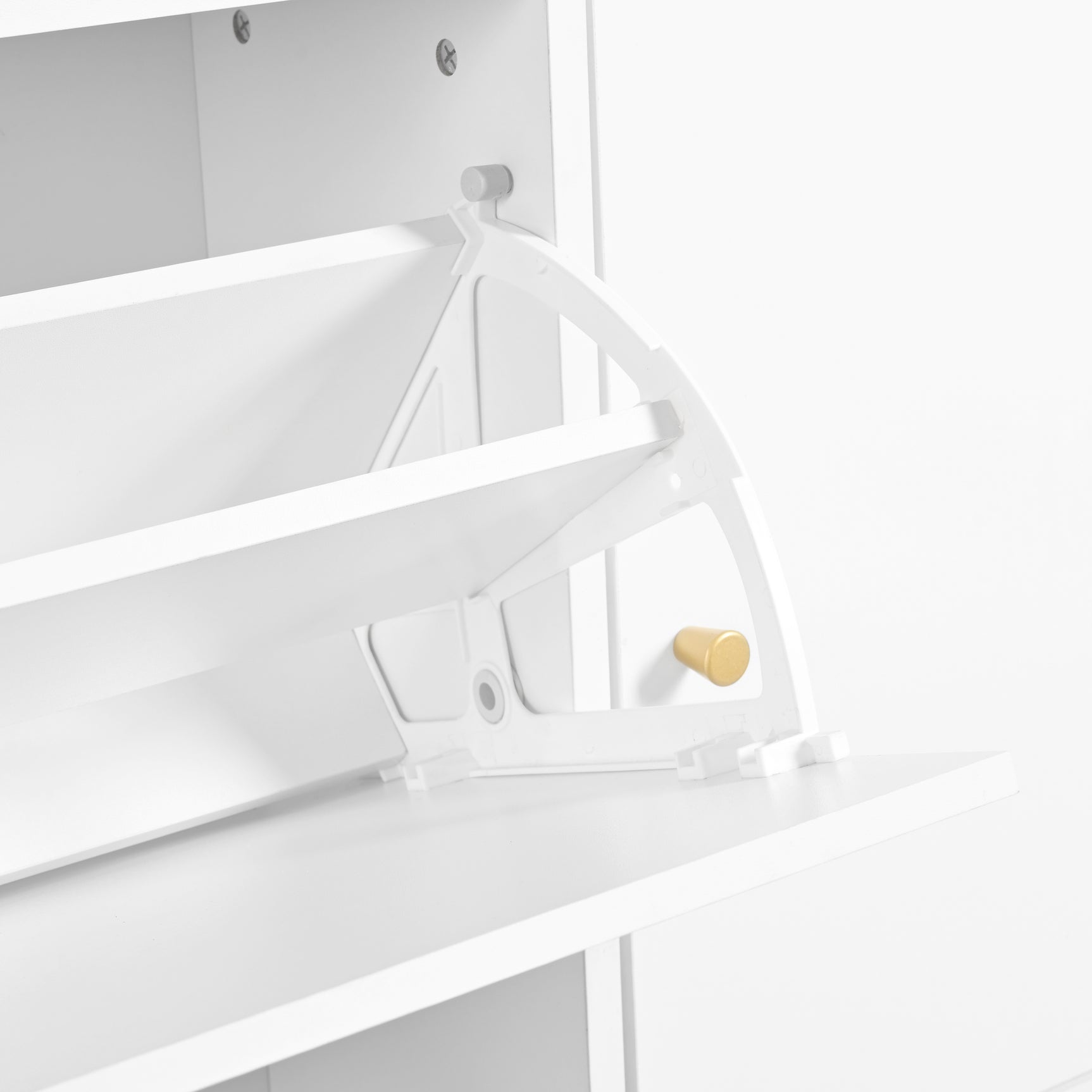 White shoe cabinet 119x24x122 cm with 3 tilting drawers, storage drawer, adjustable shelves and folding bench