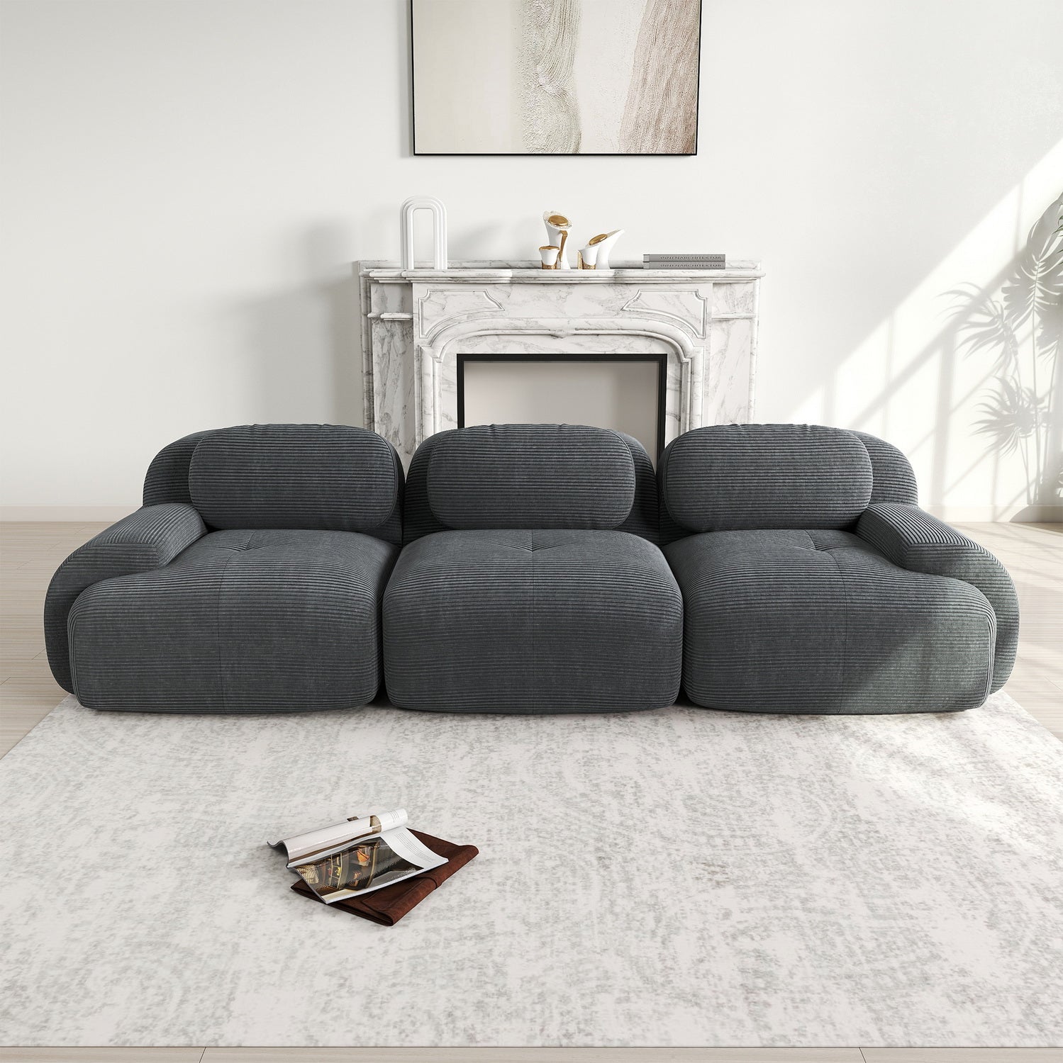 2-seater sofa bed in dark gray fabric with side pockets, modern convertible sofa