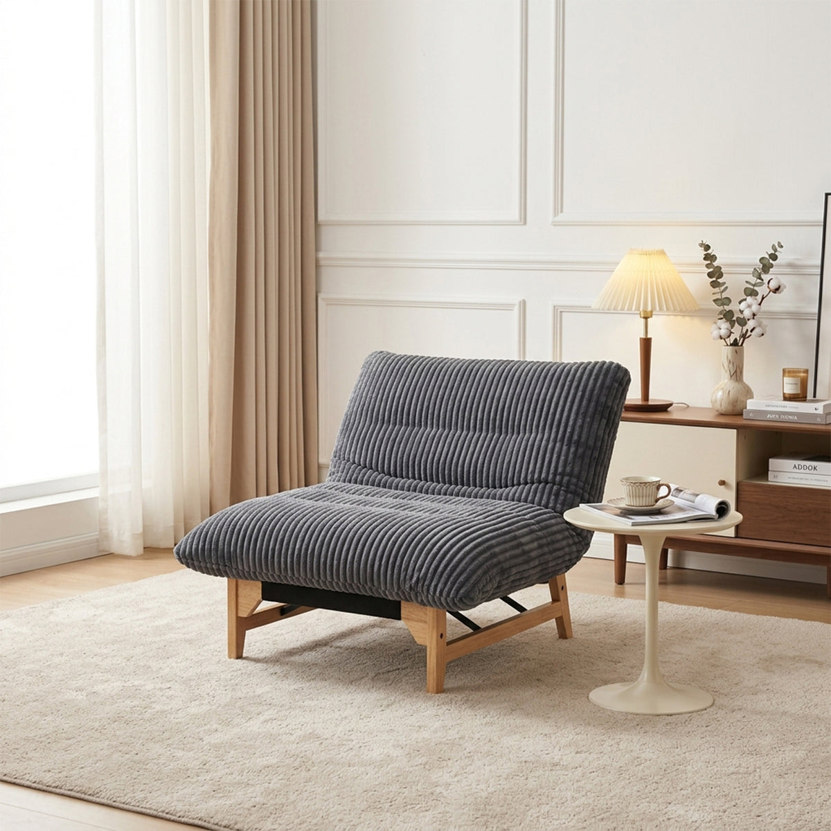 Lounge armchair with armrests in beige corduroy - DOMCO