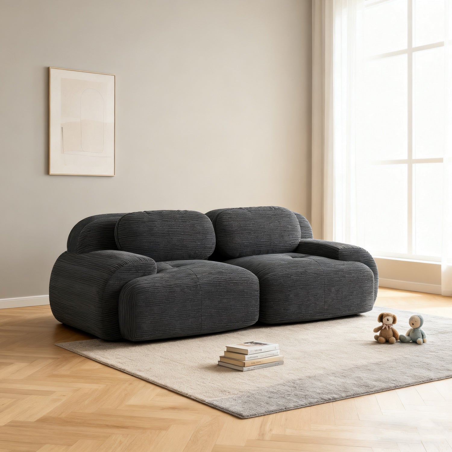 2-Sitzer-Schlafsofa aus dunkelgrauem Stoff mit Seitentaschen, modernes Schlafsofa