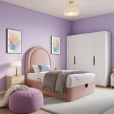 Lit enfant rembourré 90×200 cm (sans matelas) en velours rose avec tête de lit arquée