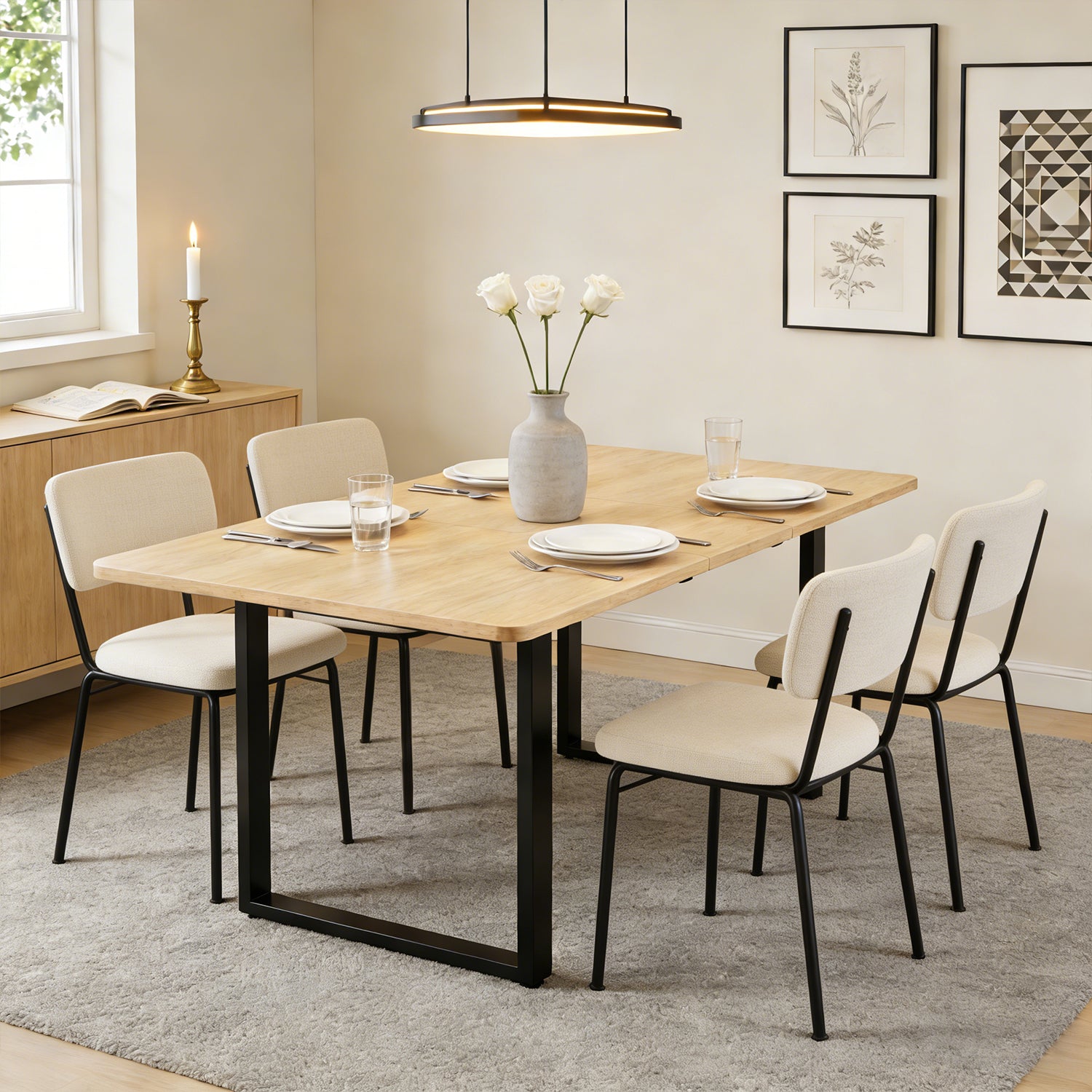 Table à manger extensible aspect chêne à trois rallonges avec pieds métalliques