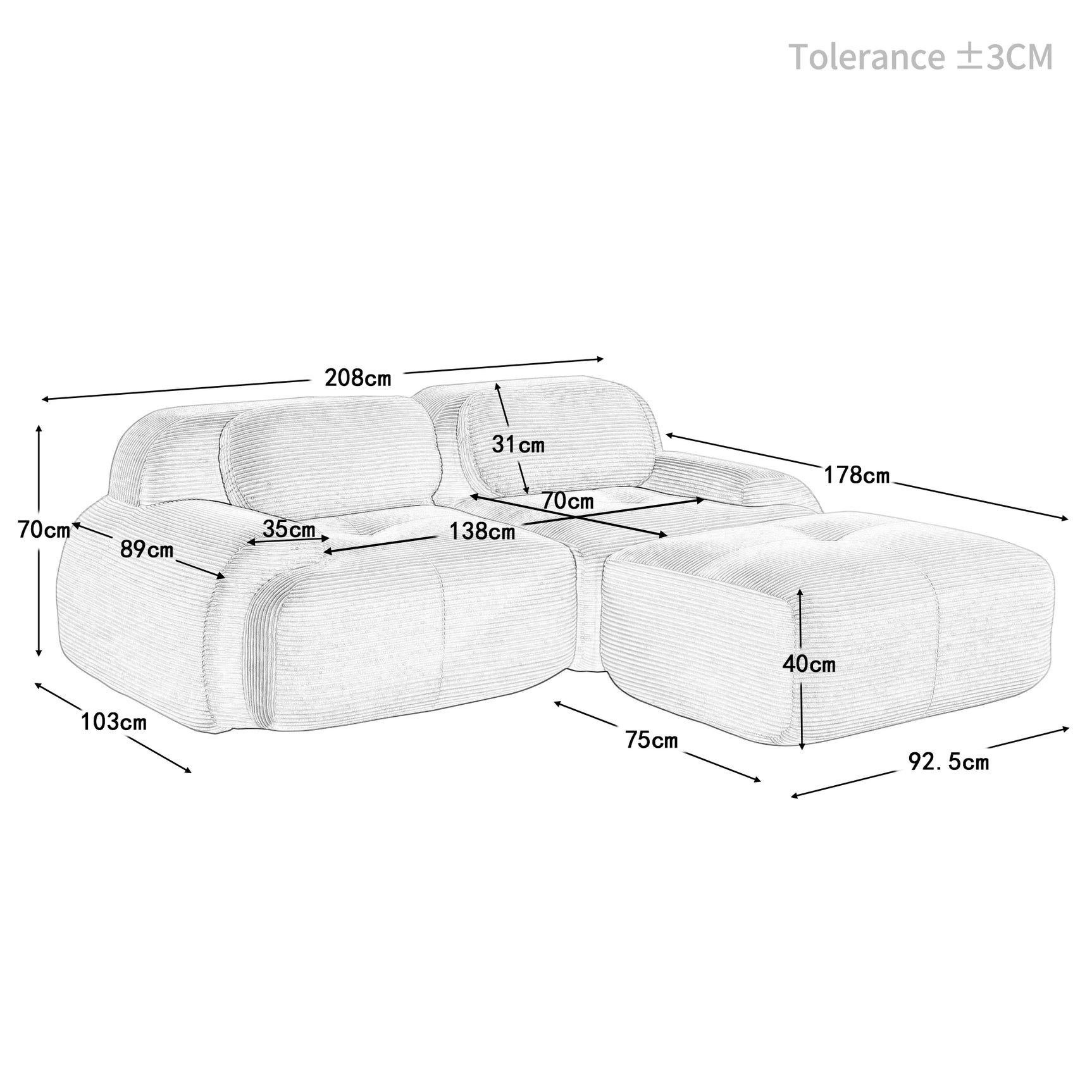 Ensemble de canapés avec accoudoirs incurvés et base antidérapante en tissu velours côtelé doux pour le salon, vert, siège 2 + tabouret 1