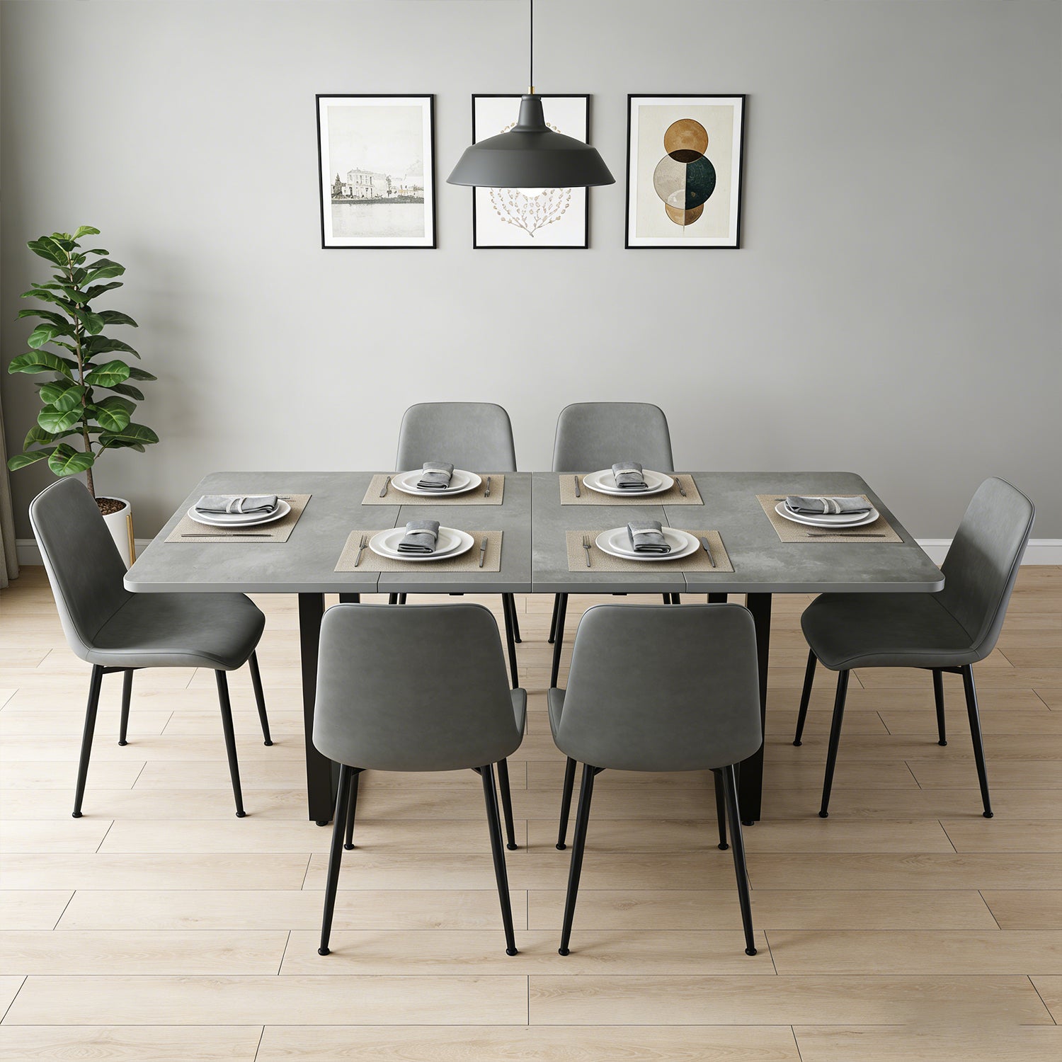 Table à manger gris extensible à trois rallonges avec pieds métalliques