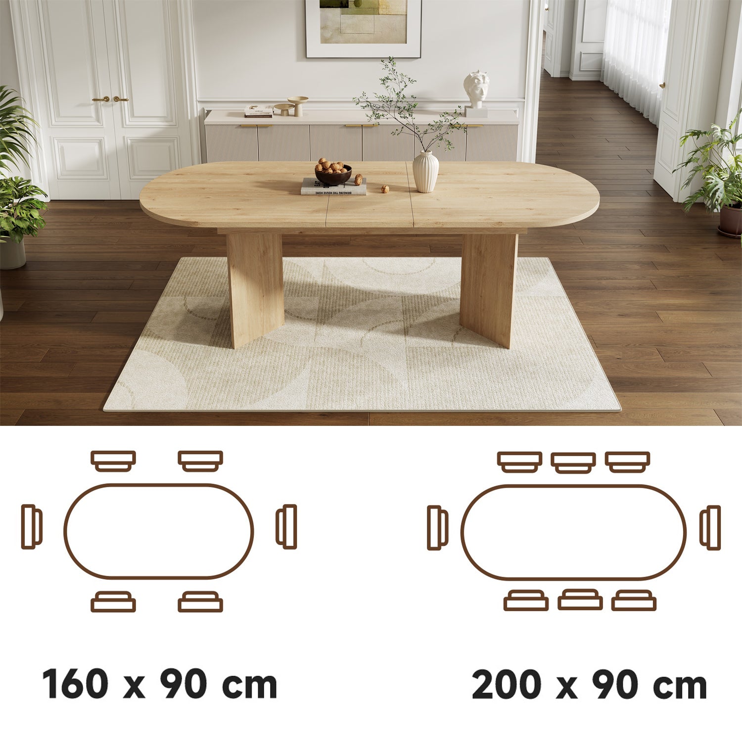 Table à manger extensible aspect chêne 160-200 cm à angles arrondis