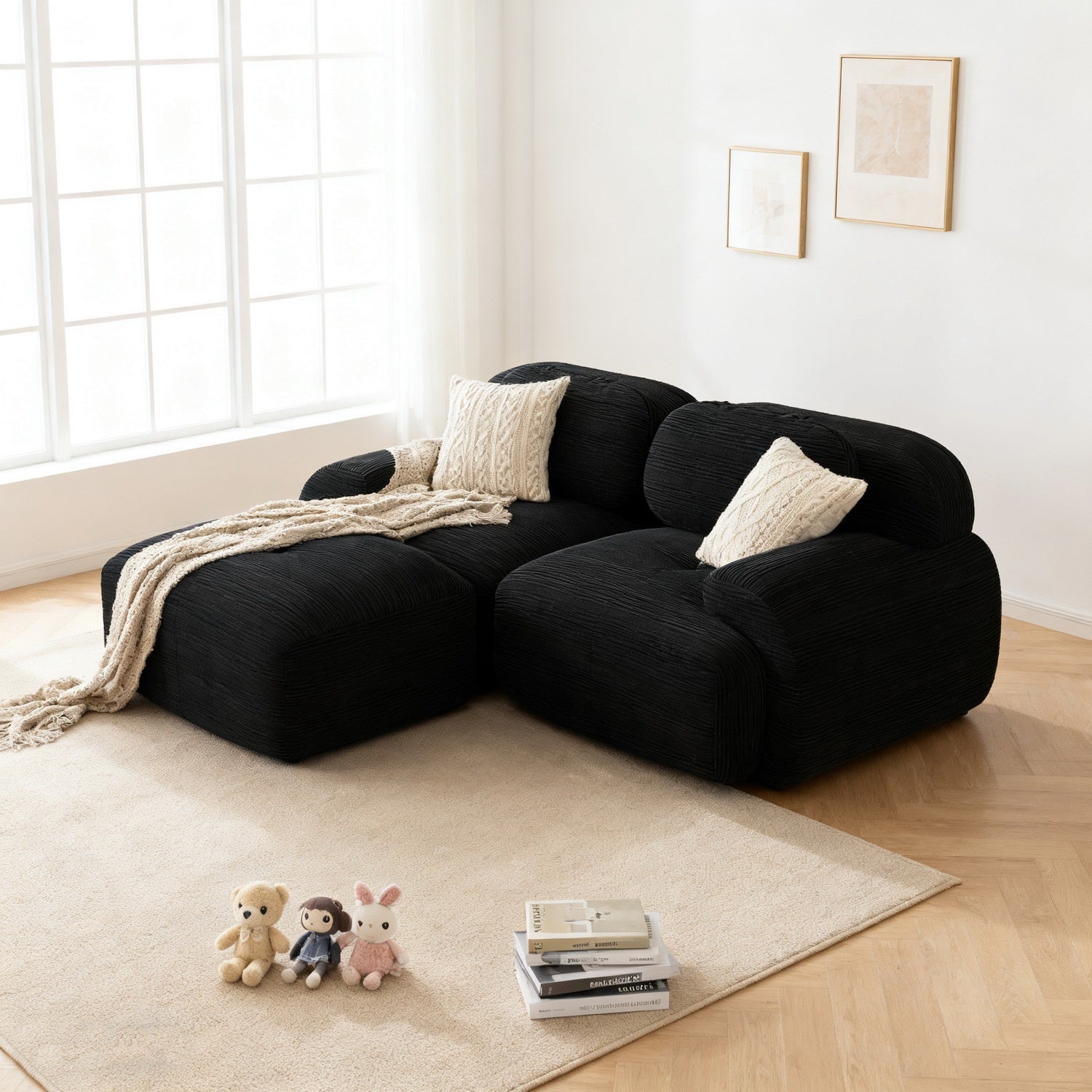 2-Sitzer-Schlafsofa aus dunkelgrauem Stoff mit Seitentaschen, modernes Schlafsofa