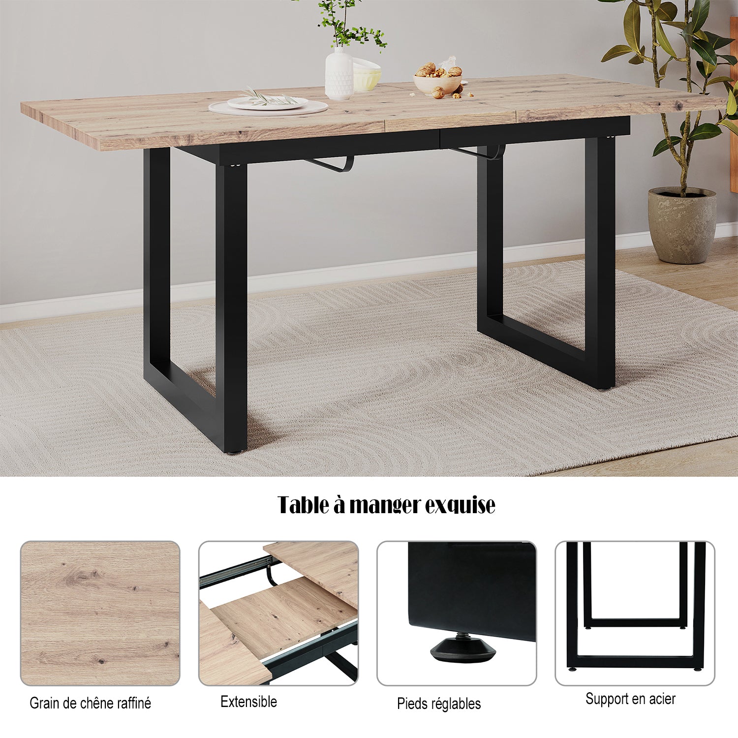 Table de salle à manger extensible rétro en bois avec structure en métal noir, style industriel