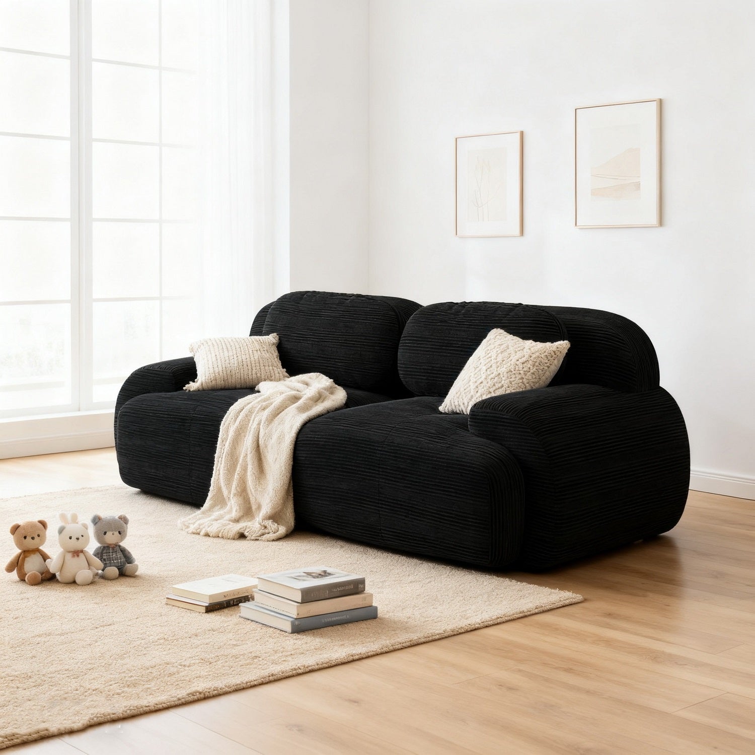 2-seater sofa bed in dark gray fabric with side pockets, modern convertible sofa