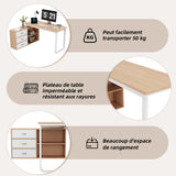 Bureau simple en bois naturel avec 3 tiroirs et 2 niches ouvertes â€?147×100×75,3 cm