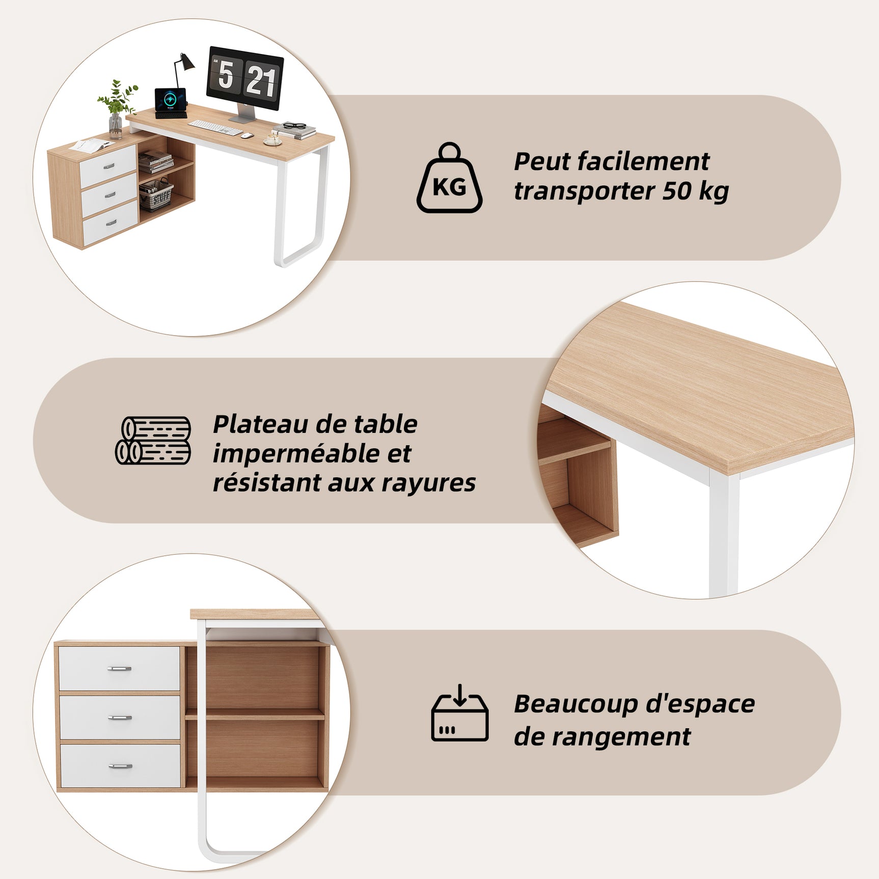 Bureau simple en bois naturel avec 3 tiroirs et 2 niches ouvertes â€?147×100×75,3 cm