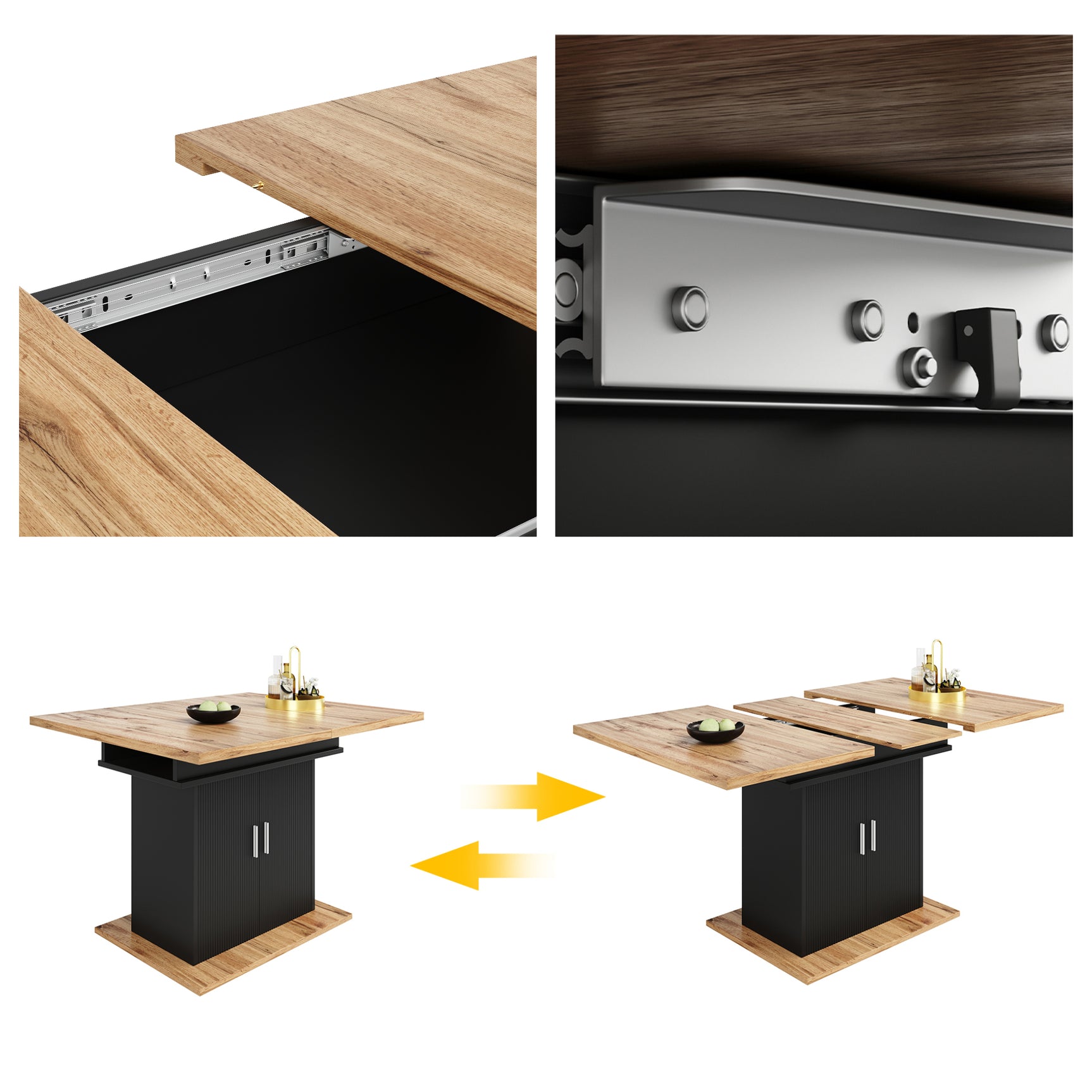 Table à manger télescopique extensible naturel-noir avec 3 niveaux de rangement