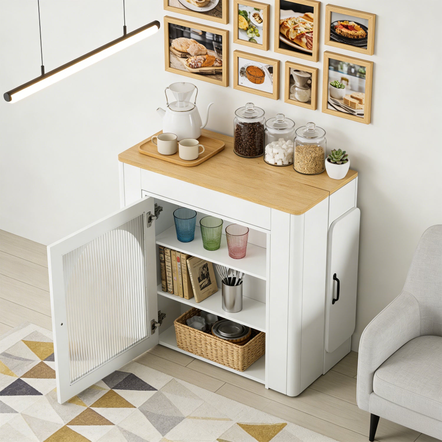 Îlot de cuisine mobile blanc avec plateau extensible et fonction de recharge