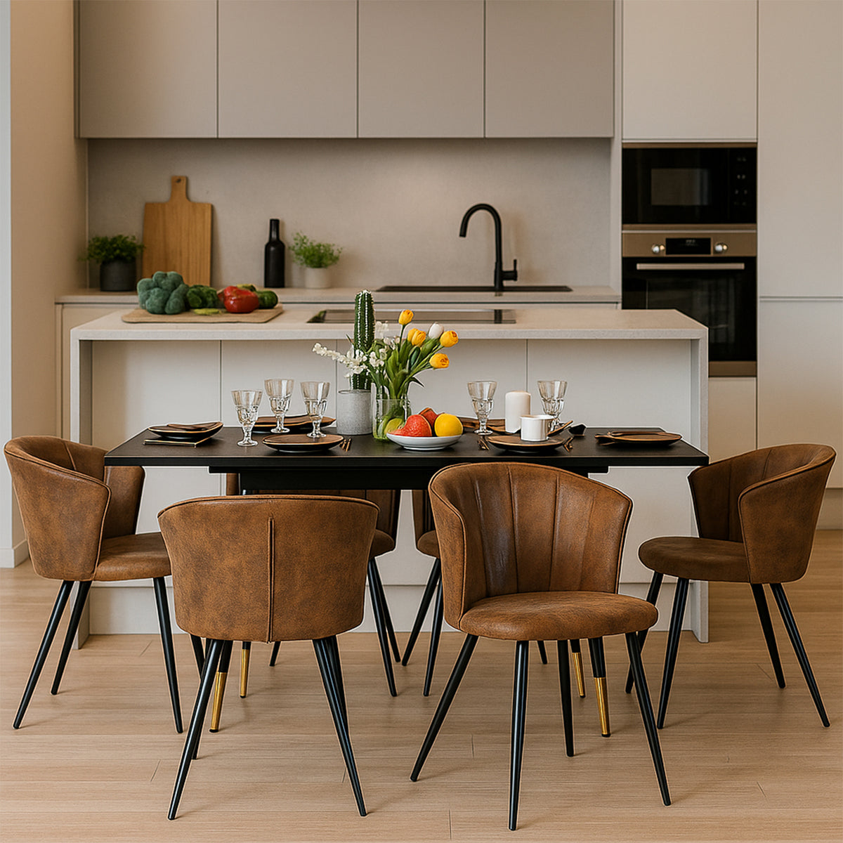 Round Table Table Table Table Timber Ø80 cm with 4 black velvet chairs, modern and comfortable style